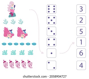 Mermaids. Worksheet for teaching mathematics and numeracy. For preschool children and kindergarten children. Vector, cartoon style.
