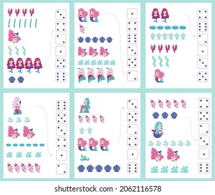 Mermaids. Worksheet for teaching mathematics and numeracy. For preschool children and kindergarten children. Vector, cartoon style.