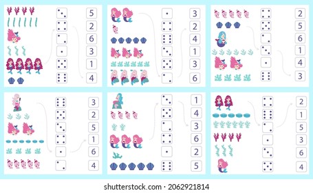 Mermaids. Worksheet for teaching mathematics and numeracy. For preschool children and kindergarten children. Vector, cartoon style.