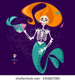 Mermaid-Skeleton with a fish. Dia de Muertos (Day of the Dead). Mexican tradition. Vector illustration