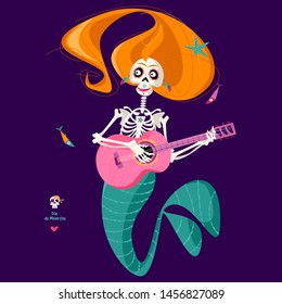 Mermaid-Skeleton playing guitar. Dia de Muertos (Day of the Dead). Mexican tradition. Vector illustration