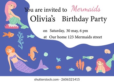 Mermaid-themed birthday party invitation with colorful underwater scene.