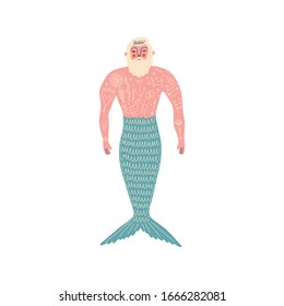 Merman flat art funny cartoon doodle illustration vector clipart