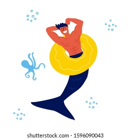 Merman hand drawn flat vector character. Underwater magical life. Merman relaxing on rubber ring. Marine creature. 