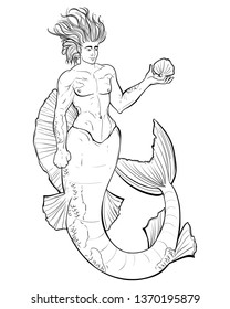 Merman. Handsome man holds shell with pearl under water. Design for print, poster, banner. Isolated objects on white background. Vector illustration