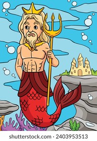 Merman King Colored Cartoon Illustration