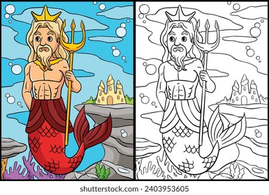 Merman King Coloring Page Colored Illustration