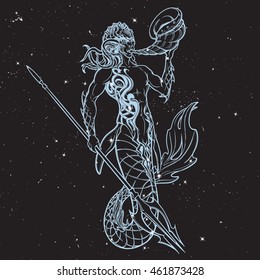 Merman sketch isolated on nightsky background