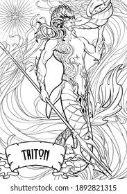 Merman or triton mythological ocean creature armed with trident and horn on a decorative seaweed background. Hand drawn artwork. Coloring book page. EPS10 vector illustration.