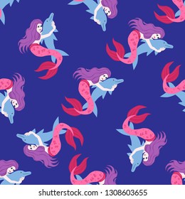 Mermeid and dolphin seamless pattern vector illustration