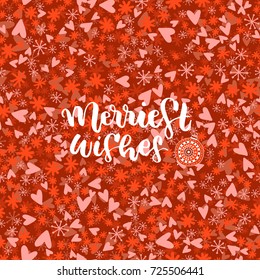 Merriest wishes - modern lettering design. Christmas greeting holiday card on red background with snowflakes.  hand drawn festive text for banner, poster, invitation on white background.