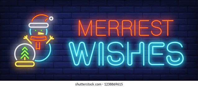 Merriest wishes neon sign. Glowing inscription with snowman in red cap and scarf near fir tree on brick wall background. Can be used for Christmas, winter, greetings