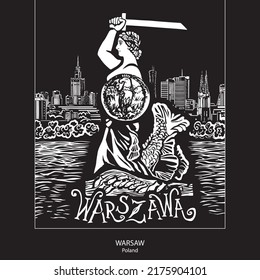 Merrmaid of Warsaw (Syrenka), statue at the Vistula river. Black and white hand drawn vector.