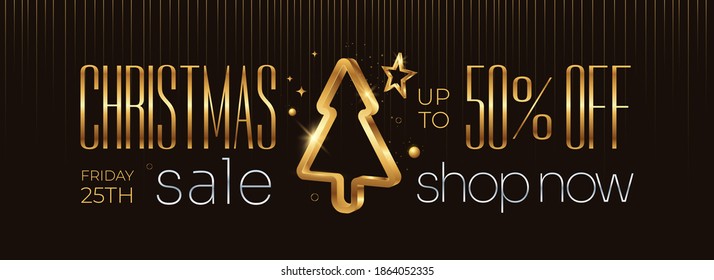 Merrry Christmas Sale horizontal banner design with stylized Golden xmas tree and decoration on dark background. New Year advertising poster. Vector