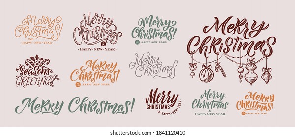 MerruyChristmas Lettering Set. Gran juego de caligrafía. Diseño de tarjetas de felicitación en fondo gris. Ilustración vectorial.