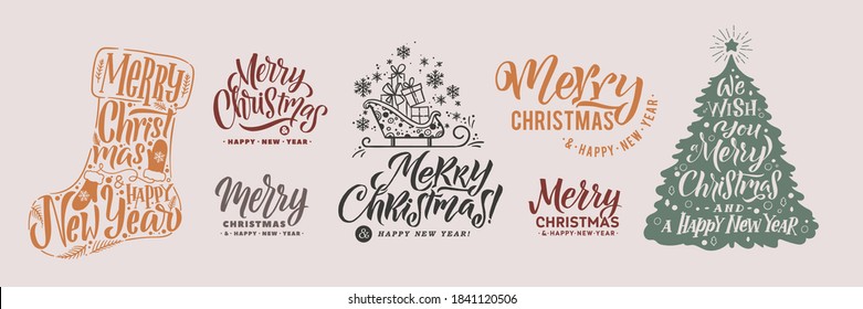 MerruyChristmas Lettering Set. Gran juego de caligrafía. Diseño de tarjetas de felicitación en fondo gris. Ilustración vectorial.