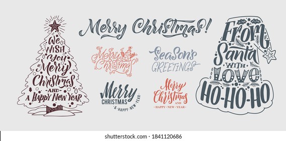 MerruyChristmas Lettering Set. Gran juego de caligrafía. Diseño de tarjetas de felicitación en fondo gris. Ilustración vectorial.