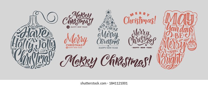 MerruyChristmas Lettering Set. Gran juego de caligrafía. Diseño de tarjetas de felicitación en fondo gris. Ilustración vectorial.