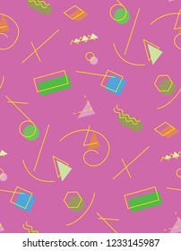 Merry abstract seamless pattern with various geometric shapes and lines on pink background  for girls