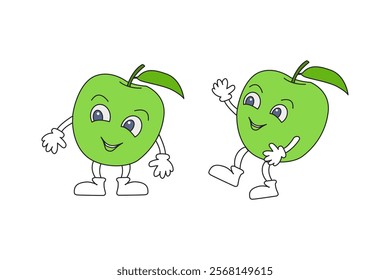 The merry apples are dancing. Green apples on a white background. Hand-drawn vector illustration.
