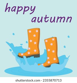 Merry autumn card. banner, postcard, invitation, tag, stamp. Cute boots jump in the autumn puddle