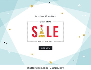 Merry Christmas Sale banner. Contemporary geometric background with bold typographic design and golden glitter elements. Horizontal template. Vector illustration.