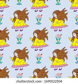 Merry beautiful princess in bright dress and tiara and a large summer ice cream dessert seamless pattern. Design for wrapping paper, wallpaper, packaging, card. Hand drawn cartoon vector illustration.