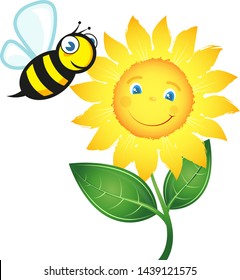 Merry bee flies to the yellow flower for nectar