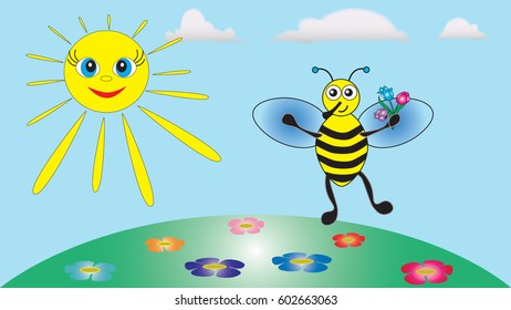 A merry bee keeps a bouquet of flowers in his paws on a summer day.