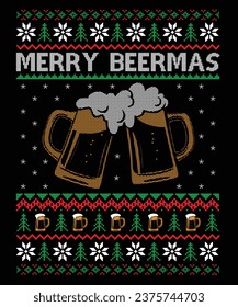 Merry Beermas, Ugly Christmas sweater or t-shirt design for beer lover in Christmas Season. Beer Christmas t-shirt design