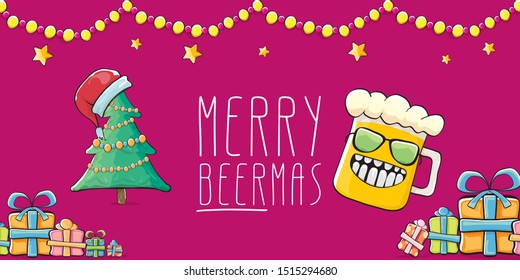Merry beermas vector christmas banner  with beer cartoon character, red santa hat, gifts and tree isolated on horizontal red background. Vector funky christmas beer party poster design template 