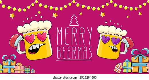 Merry beermas vector christmas banner  with beer cartoon character, red santa hat, gifts and tree isolated on horizontal red background. Vector funky christmas beer party poster design template 