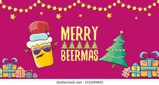 Merry beermas vector christmas banner  with beer cartoon character, red santa hat, gifts and tree isolated on horizontal red background. Vector funky christmas beer party poster design template 