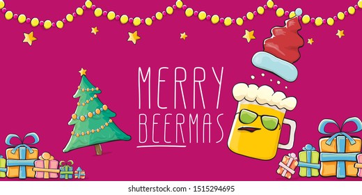 Merry beermas vector christmas banner  with beer cartoon character, red santa hat, gifts and tree isolated on horizontal red background. Vector funky christmas beer party poster design template 