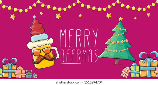 Merry beermas vector christmas banner  with beer cartoon character, red santa hat, gifts and tree isolated on horizontal red background. Vector funky christmas beer party poster design template 