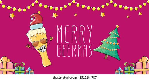 Merry beermas vector christmas banner  with beer cartoon character, red santa hat, gifts and tree isolated on horizontal red background. Vector funky christmas beer party poster design template 