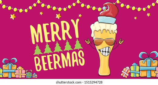 Merry beermas vector christmas banner  with beer cartoon character, red santa hat, gifts and tree isolated on horizontal red background. Vector funky christmas beer party poster design template 