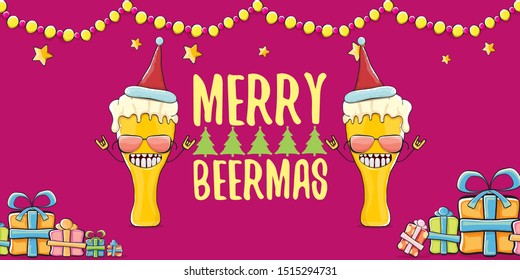 Merry beermas vector christmas banner  with beer cartoon character, red santa hat, gifts and tree isolated on horizontal red background. Vector funky christmas beer party poster design template 