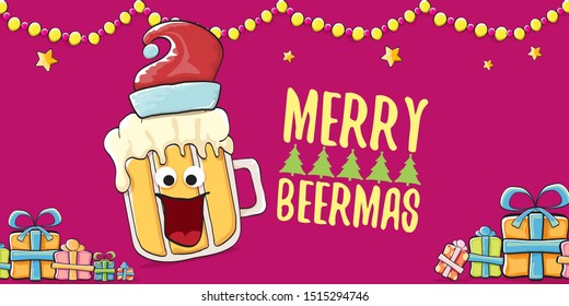 Merry beermas vector christmas banner  with beer cartoon character, red santa hat, gifts and tree isolated on horizontal red background. Vector funky christmas beer party poster design template 