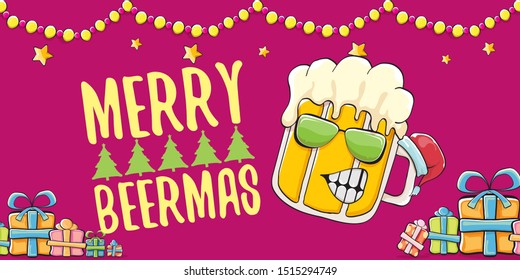 Merry beermas vector christmas banner  with beer cartoon character, red santa hat, gifts and tree isolated on horizontal red background. Vector funky christmas beer party poster design template 