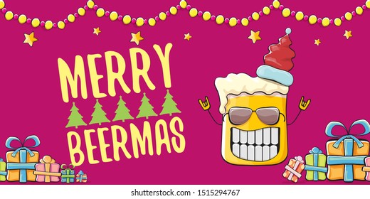 Merry beermas vector christmas banner  with beer cartoon character, red santa hat, gifts and tree isolated on horizontal red background. Vector funky christmas beer party poster design template 