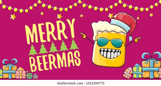 Merry beermas vector christmas banner  with beer cartoon character, red santa hat, gifts and tree isolated on horizontal red background. Vector funky christmas beer party poster design template 