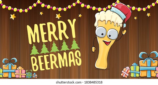 Merry beermas vector Christmas banner with beer cartoon character, red Santa hat, gifts and tree isolated on horizontal wooden background. Vector funky Christmas beer party poster design template 