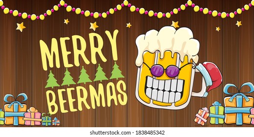 Merry beermas vector Christmas banner with beer cartoon character, red Santa hat, gifts and tree isolated on horizontal wooden background. Vector funky Christmas beer party poster design template 