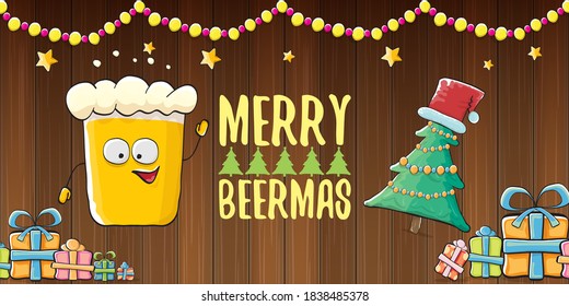 Merry beermas vector Christmas banner with beer cartoon character, red Santa hat, gifts and tree isolated on horizontal wooden background. Vector funky Christmas beer party poster design template 