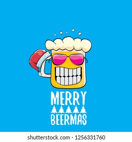 Merry beermas vector christmas greeting card with beer glass cartoon character and red santa hat isolated on blue background.  Vector adult christmas beer party poster design template