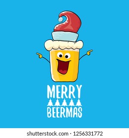Merry beermas vector christmas greeting card with beer glass cartoon character and red santa hat isolated on blue background.  Vector adult christmas beer party poster design template