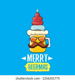 Merry beermas vector christmas greeting card with beer glass cartoon character and red santa hat isolated on blue background.  Vector adult christmas beer party poster design template
