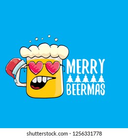 Merry beermas vector christmas greeting card with beer glass cartoon character and red santa hat isolated on blue background.  Vector adult christmas beer party poster design template