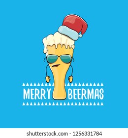 Merry beermas vector christmas greeting card with beer glass cartoon character and red santa hat isolated on blue background.  Vector adult christmas beer party poster design template
